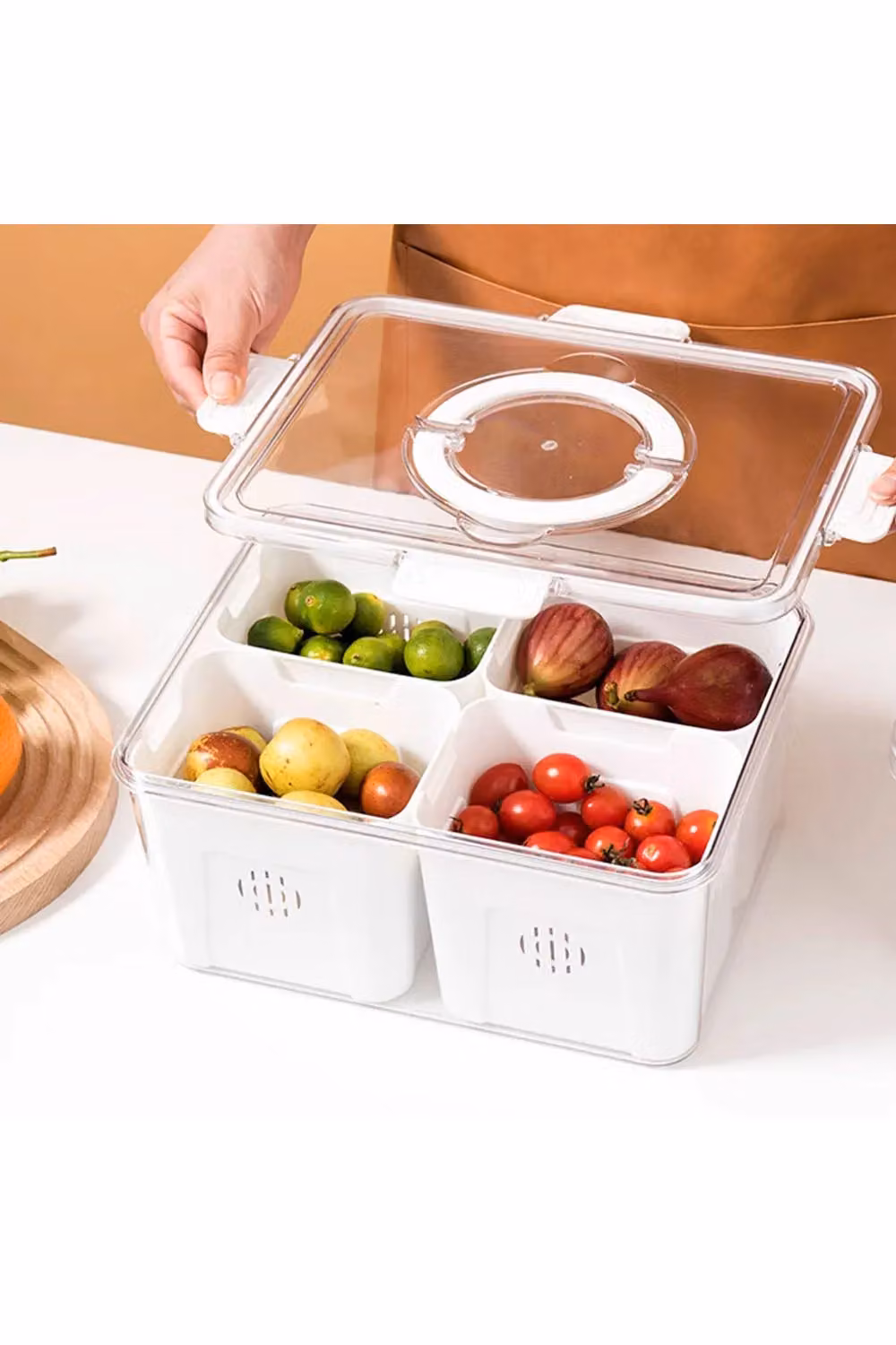 Living and Home 4-Compartment Detachable Fridge Storage Container with Snap Lid and Handles, White – 3
