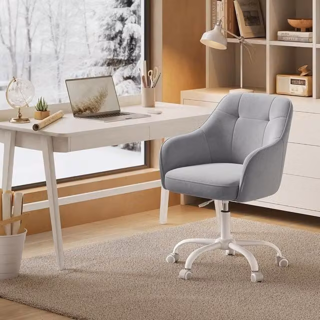 SONGMICS Velvet Swivel Task Chair with Armrests in Light Grey