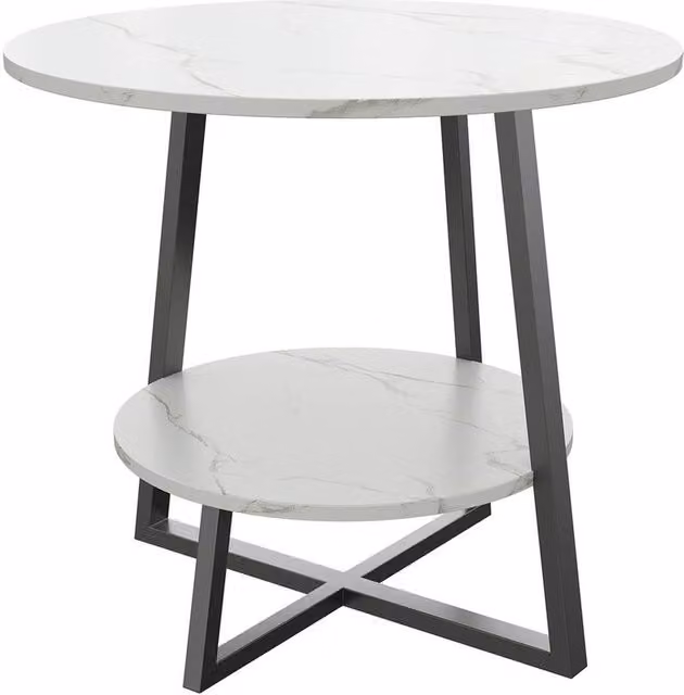FORGEVIO 2 Tier Round White Sofa Side Table with X-Frame Design, W/D/H: 60 x 55 x 60 cm