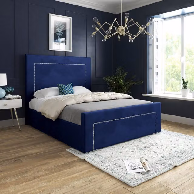 Elba Upholstered Velvet Bed Frame in Blue, W/D/H: 200 x 200 cm