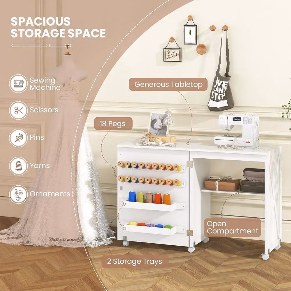 Gymax Folding Sewing Table and Cabinet in White with 18 Pegs, Storage Trays and Barn-door – 2