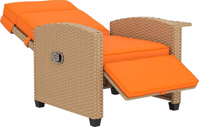 Outsunny 145 Degree Reclining Rattan Armchair with Footrest and Side Tray, Orange – 1