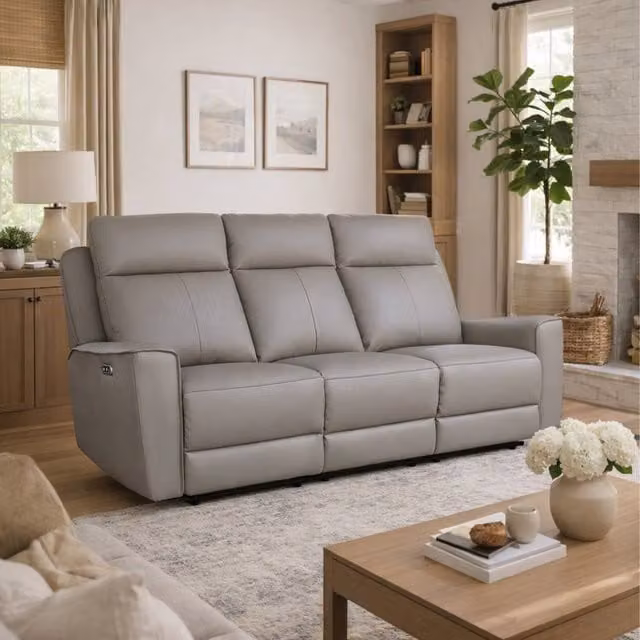 Aspire Rivington Real Leather 3 Seater Power Recliner Sofa with USB Charging in Grey – 1