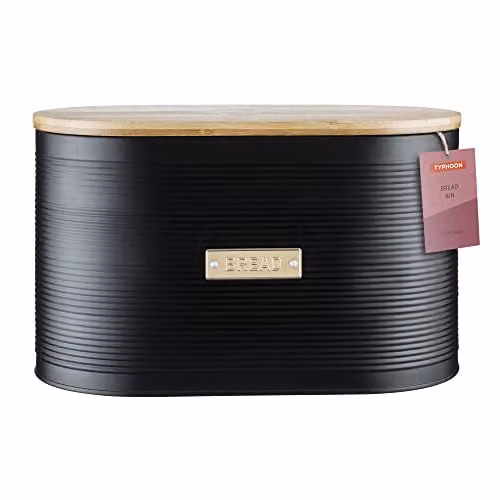 Rayware Typhoon Otto Black Bread Bin with Bamboo Cutting Board Lid and Gold Accents, 10.5 Litre