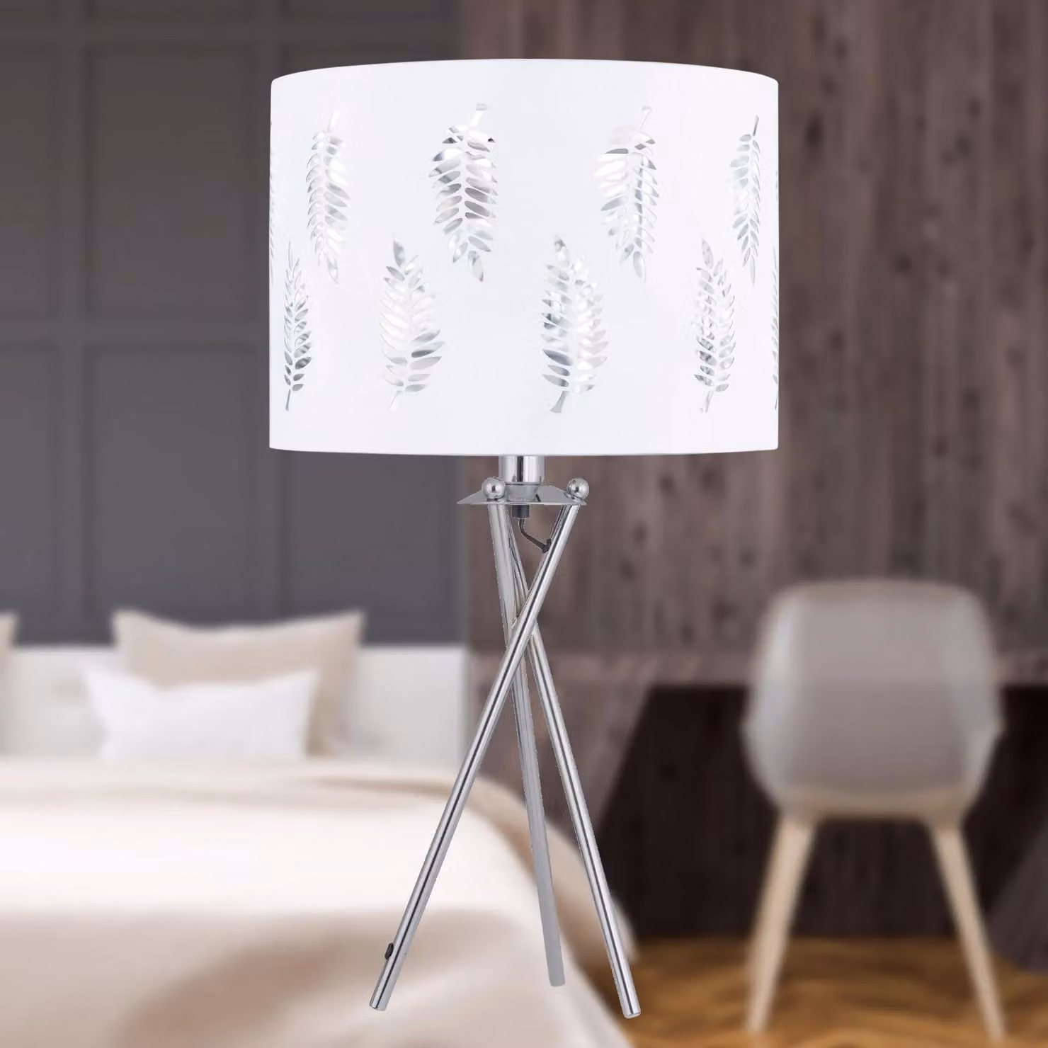 First Choice Lighting Set of 2 Silver Tripod Table Lamps with White Fern Cut Out Shades – 3