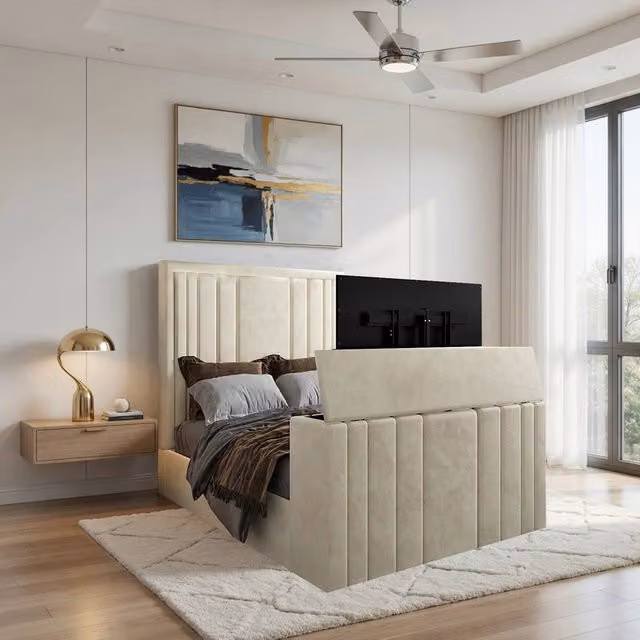 KDMD Ashburnham Bespoke Upholstered Velvet TV Bed Frame in Beige, Small Double (W: 120 cm x D: 200 cm)