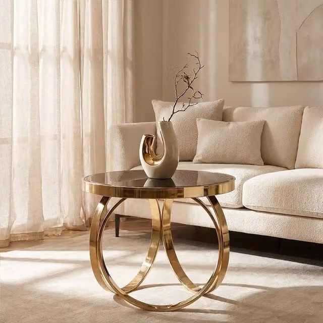 Orsina Modern Round Glass Coffee Table in Black and Gold, W/D/H: 60 x 60 x 45 cm