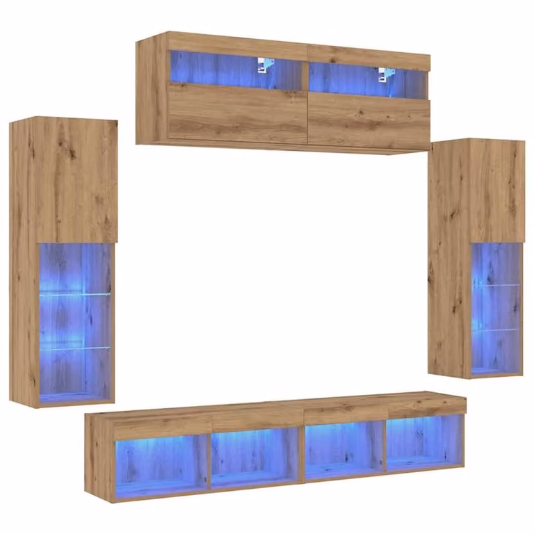 Berkfield Home Artisan Oak TV Wall Cabinets with LED Lights, 2 Pieces, Brown, W/D/H: 80 x 30 x 30 cm