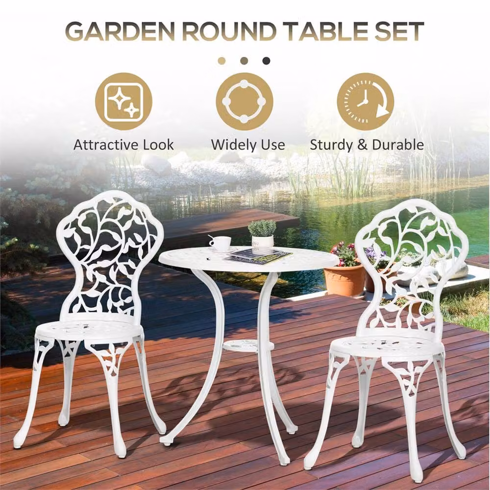 Outsunny White Vintage Floral Metal Garden Bistro Set with Coffee Table and Chairs – 3