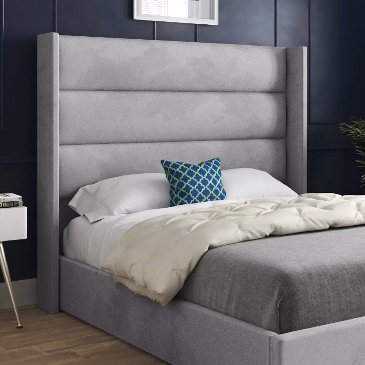 KDMD Nuno Straight Winged Upholstered Soft Velvet Bed Frame in Grey, W/D/H: 200 x 137 x 189 cm – 2