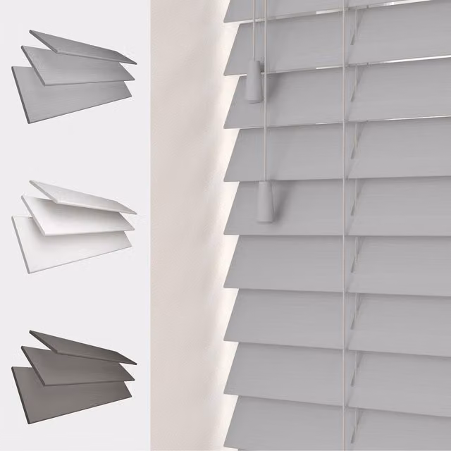 Caecus Blinds Faux Wood String Venetian Blinds with 50mm Slats, Grey, W: 120 cm, H: 75 cm