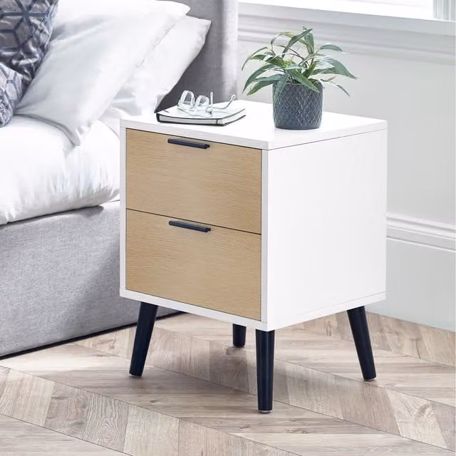 Julian Bowen Alba 2 Drawer Bedside Table in White and Oak with Soft Close Drawers