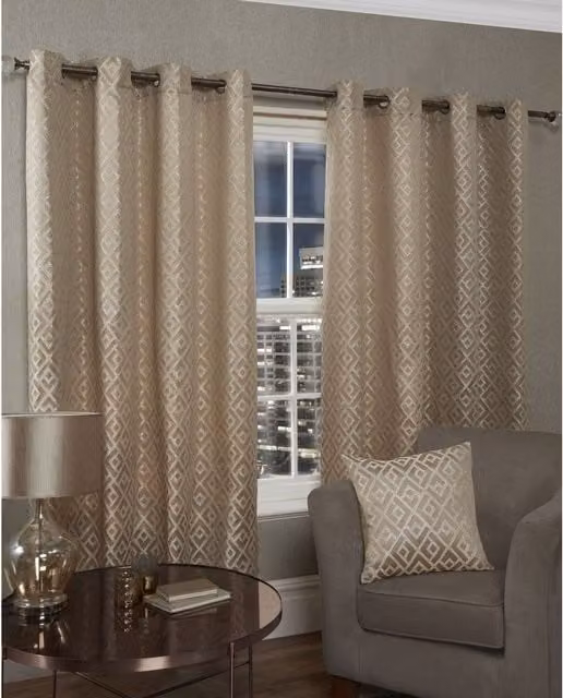 NewEdgeBlinds Minimalist Graphic Eyelet Fabric Panel Curtains in Beige and Gold, Width: 116 cm
