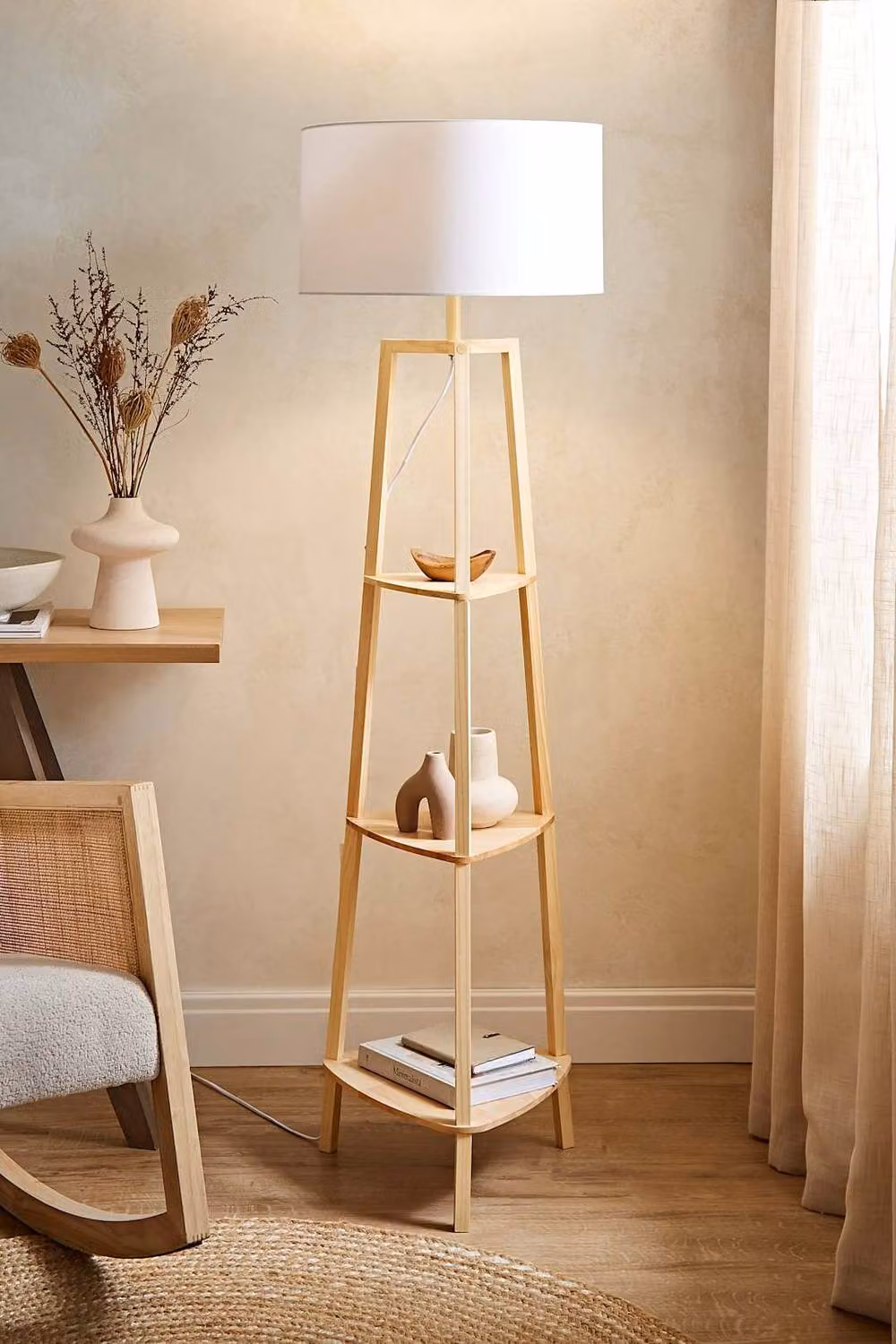 ValueLights Hiru 3 Tier Wooden Floor Lamp with Large Fabric Drum Shade and Bulb in White – 2
