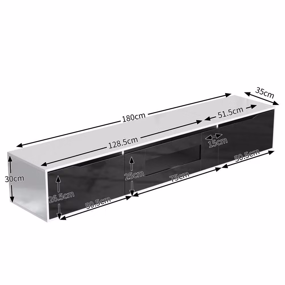 Merax Wall-mounted High-Gloss TV Cabinet with Colour-Changing LED Lights in Black, W: 180 cm, D: 35 cm, H: 30 cm – 2