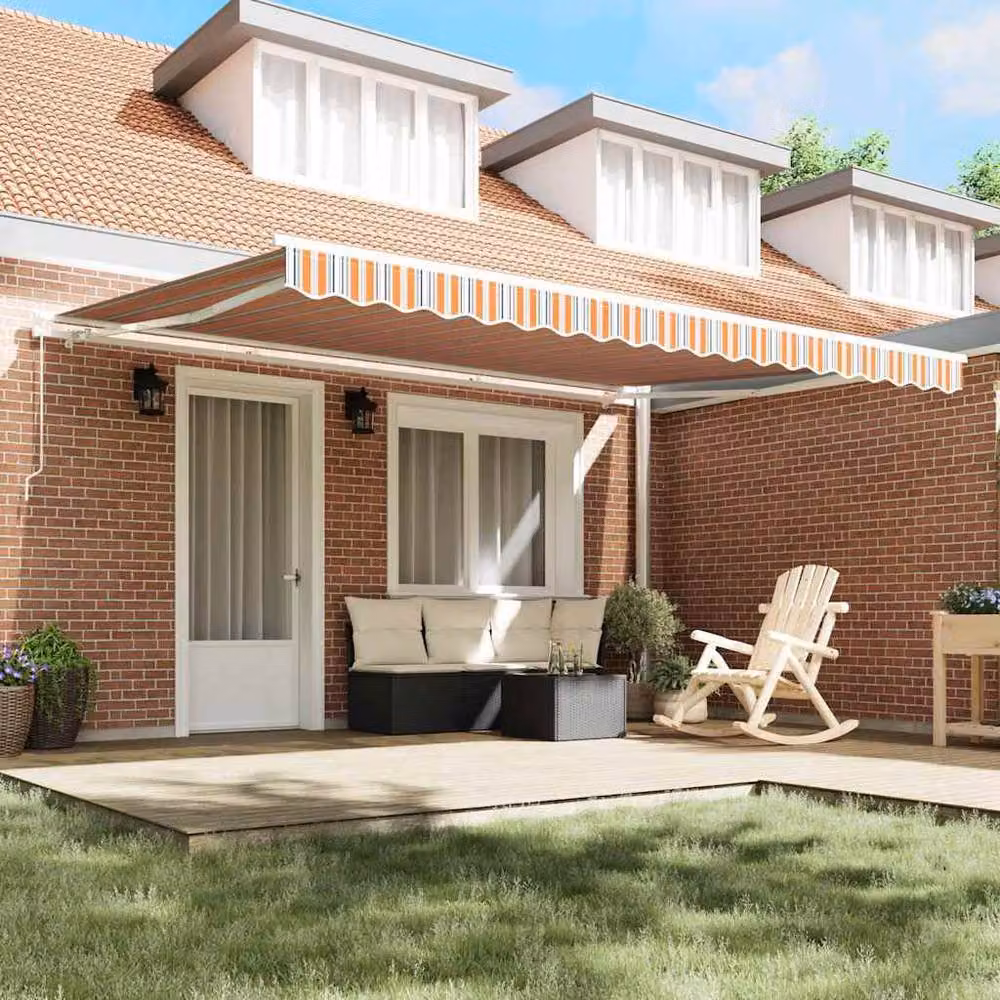 Berkfield Home Manual Retractable Folding Arm Awning in Multicolour Orange and Grey Stripe, W: 450 cm, D: 300 cm – 3