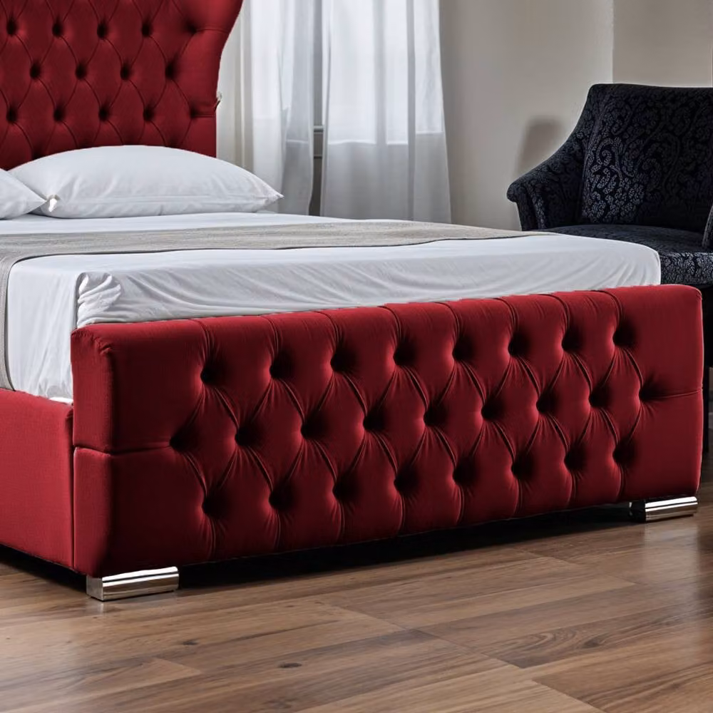 UK Bed Furniture Isabella Ottoman Gas Lift Upholstered Velvet Bed with Wing Headboard in Red, Size: 140 x 200 cm – 4