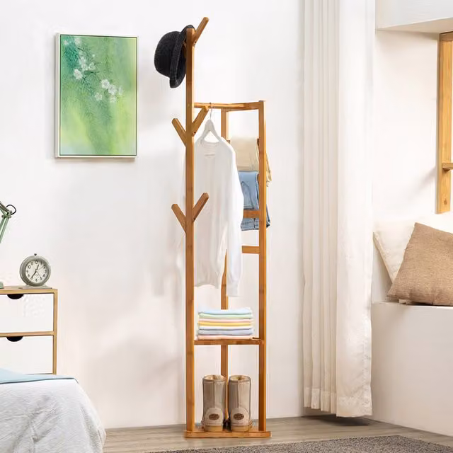Livingandhome Minimalist Bamboo Wooden Garment Rack with Hooks in Brown