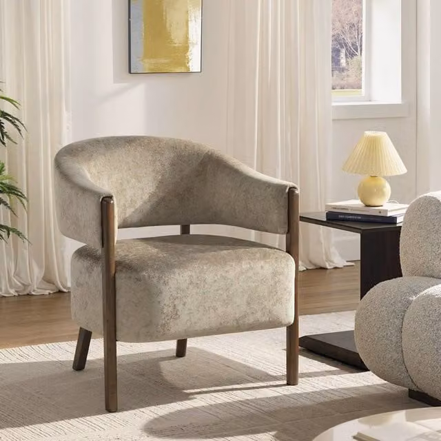 HOMCOM Upholstered Fabric Tub Accent Chair with Armrests and Solid Wood Legs in Brown – 1