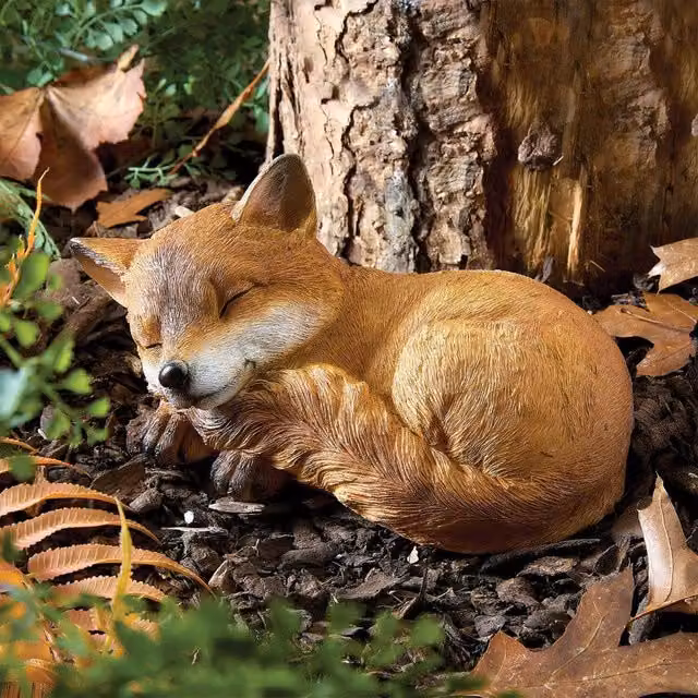 Coopers of Stortford Sleeping Baby Fox Garden Ornament in Orange and Brown Polyresin, H12.0 x W13.2 x D24.4 cm