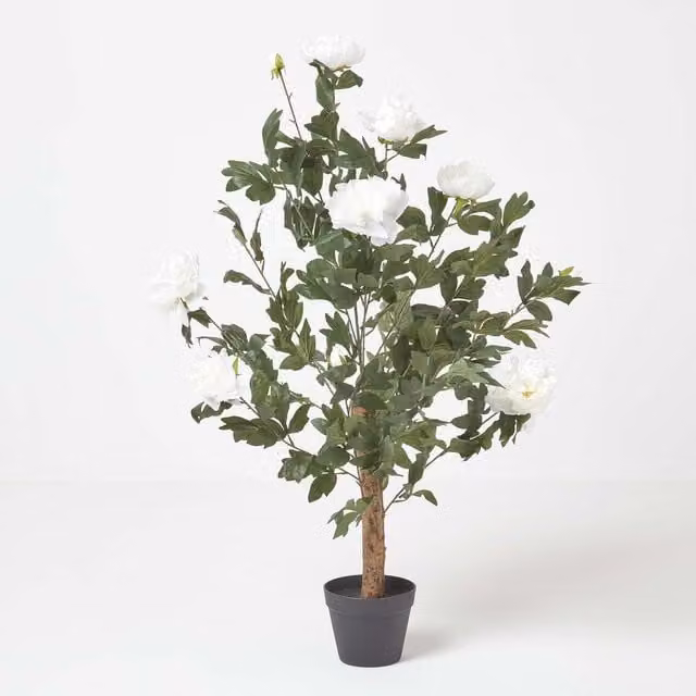 Homescapes White Artificial Peony Tree in Black Pot, Height: 100 cm
