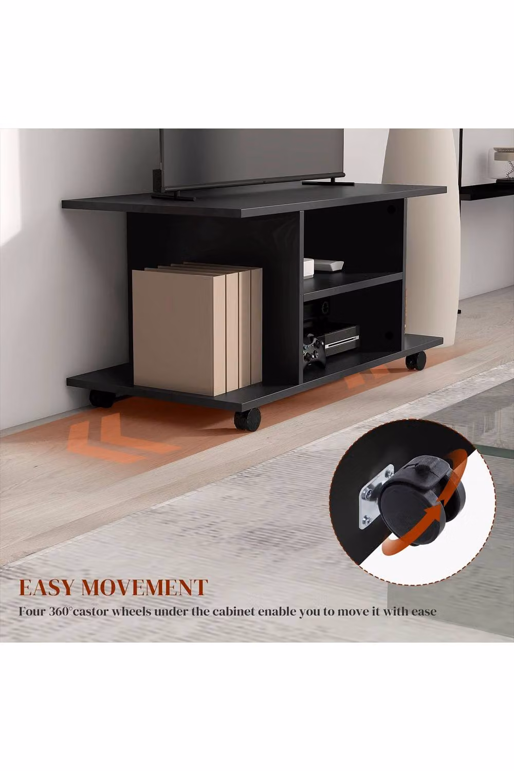 ERGOVEXA Black Glossy TV Cabinet Stand with Mobile Castors and Storage Shelves, W: 80.0 cm, D: 40.0 cm, H: 40.0 cm – 3