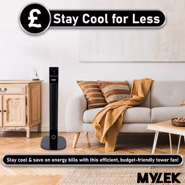 Mylek Slimline Oscillating Cooling Ionising Tower Fan with Remote Control and Timer, Black