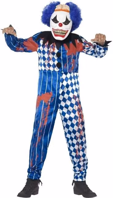 Smiffys Deluxe Sinister Clown Costume Set for Kids in Blue, White and Black, Age 13-14 Years