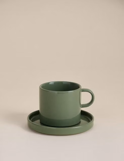 M&S Green Ceramic Straight Sided Coffee Cup and Saucer Set