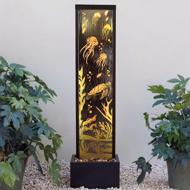 Primrose Modern Rectangular Mirror Water Feature with Ocean Floor Design and LED Lights in Brown