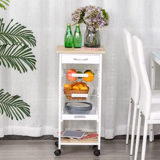 HOMCOM Mobile Rolling Kitchen Island Trolley with Metal Baskets in White