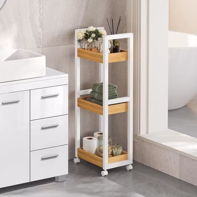 SONGMICS Slim Bathroom Trolley with 3 Adjustable Shelves and Wheels, White – 1