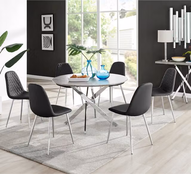 FurnitureboxUK Novara Grey Concrete Round Dining Table and 6 Corona Silver Leg Chairs in Black