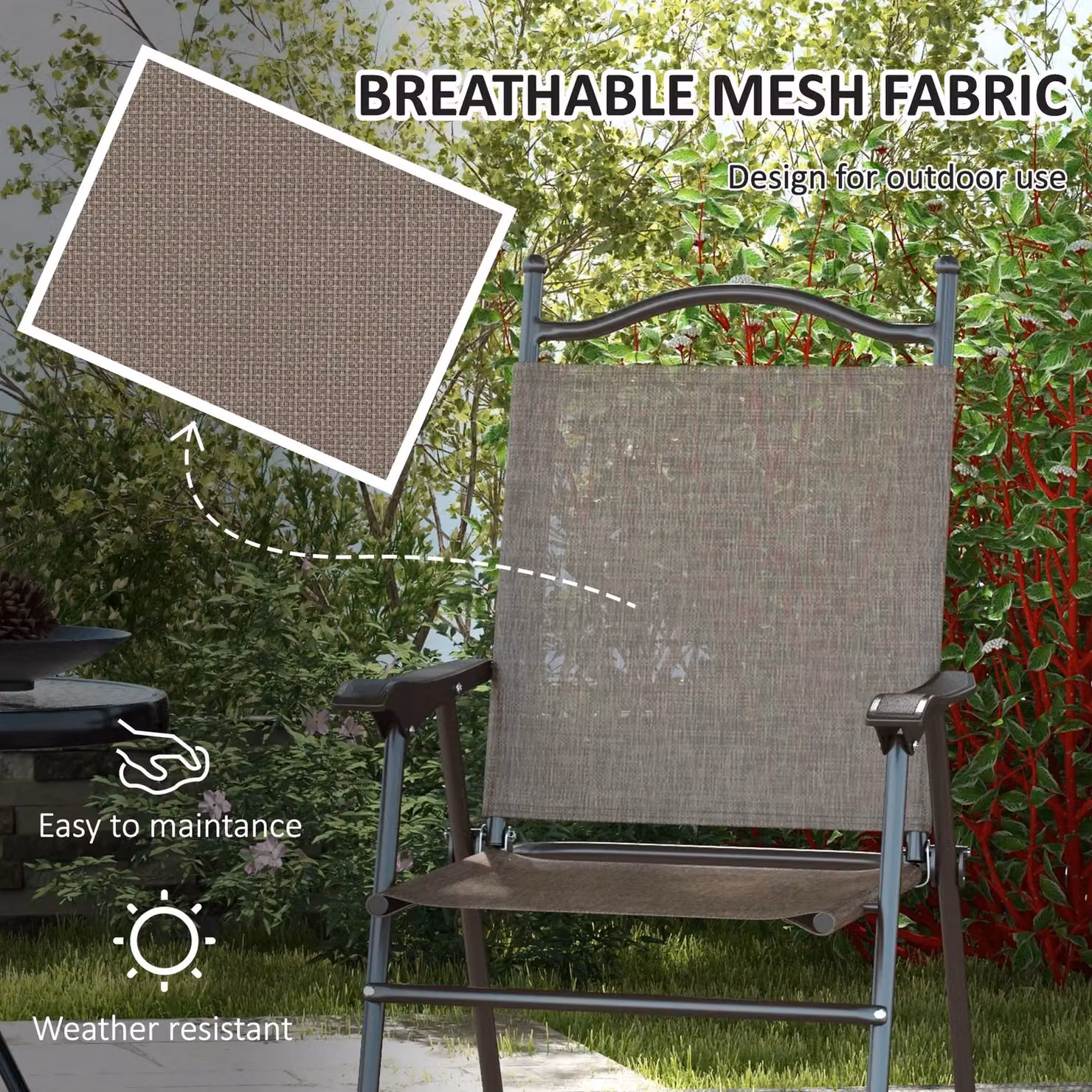 OUTSUNNY Set of 2 Folding Chairs in Brown with Breathable Mesh Fabric and Steel Frame – 4