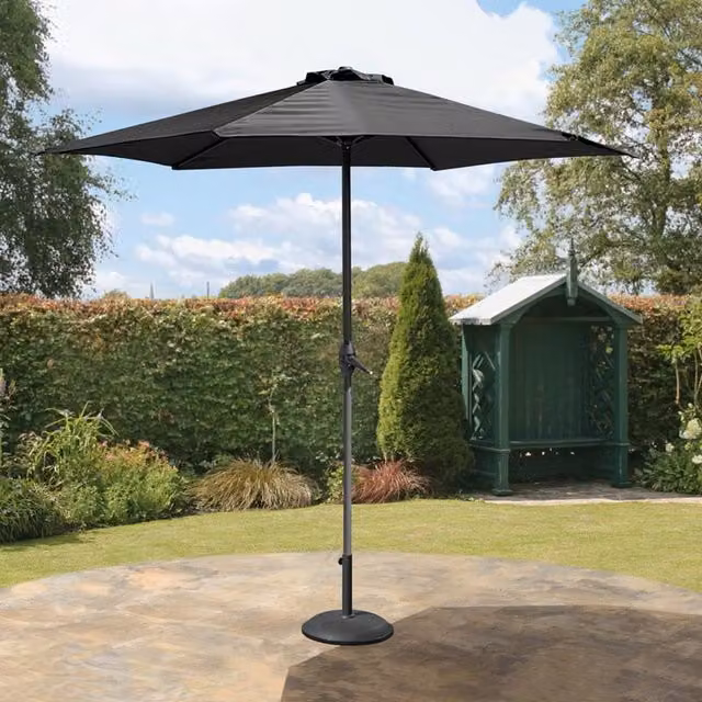 Garden Mile Black Garden Wind Up Parasol with Steel Frame and Polyester Canopy, Height: 270 cm