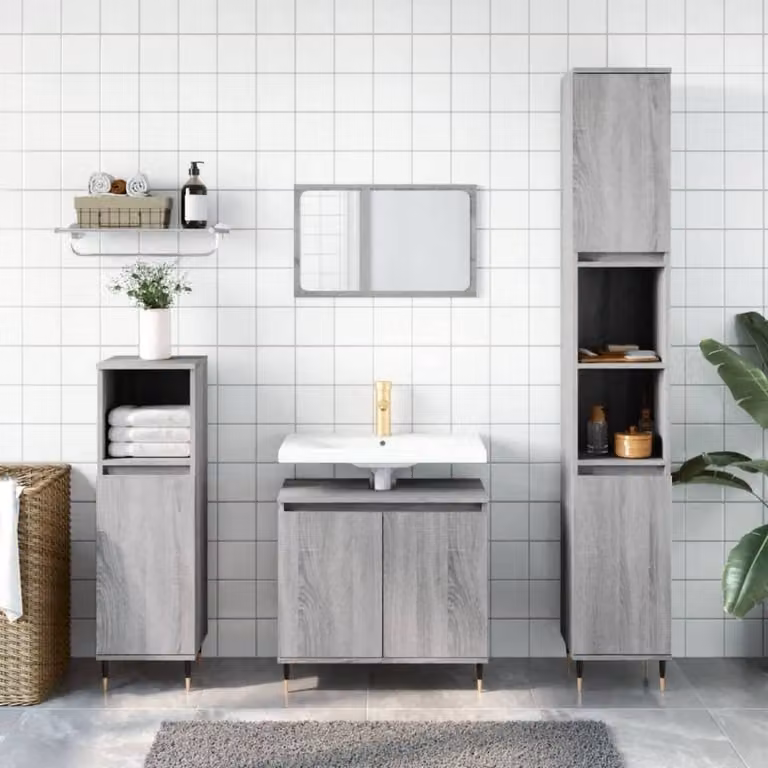Berkfield Home 3 Piece Modern Grey Bathroom Cabinet Set with Hinged Doors and Internal Shelves