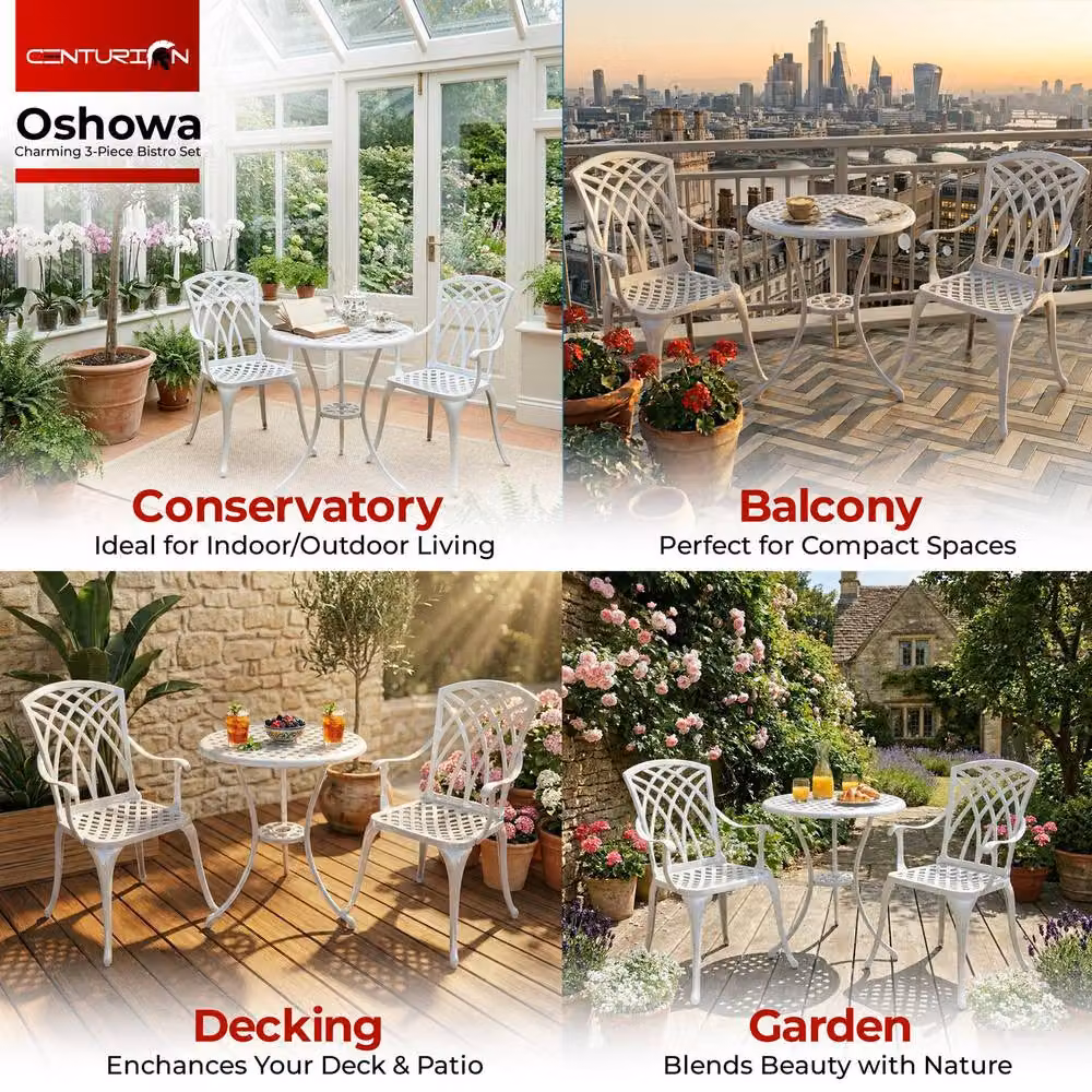 Centurion Supports OSHOWA White Powder Coated Aluminium Bistro Set with Round Table and 2 Armchairs – 3