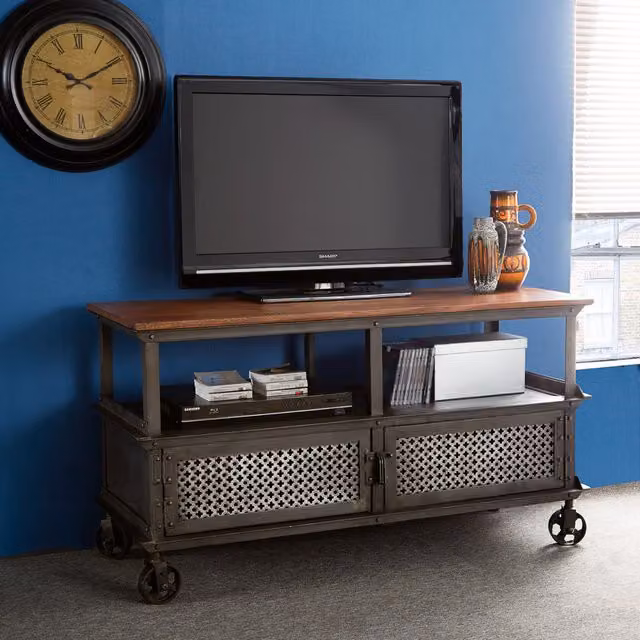 IH Design Urban Industrial Brown Wood and Metal 2 Door TV Media Unit with Shelf