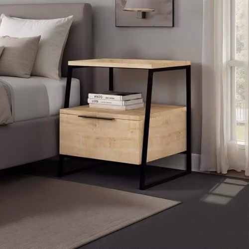 FWStyle Oak 1 Door Bedside Table with Open Shelf and Black Metal Frame in Brown