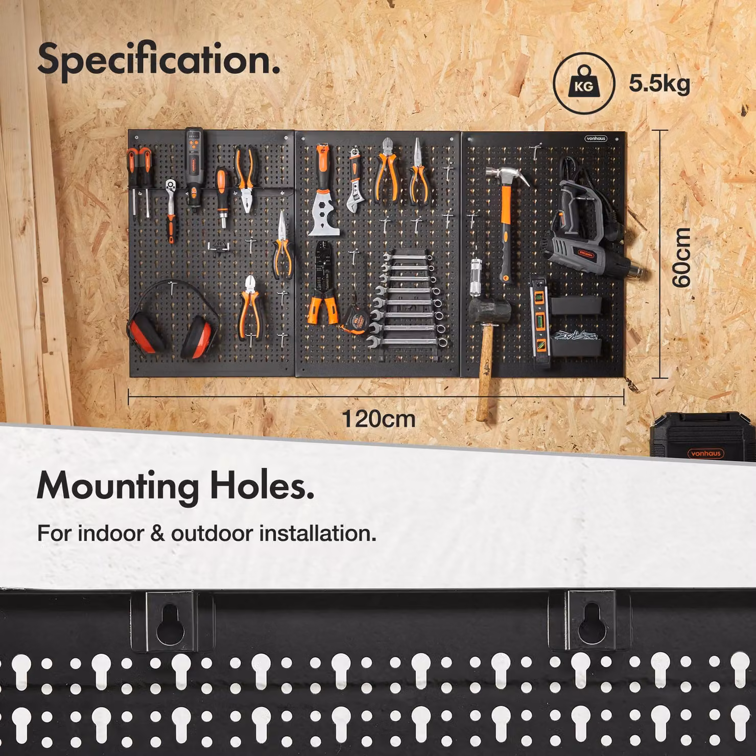 VonHaus 44 Piece Metal Wall Mounted Pegboard Storage Set in Black – 3
