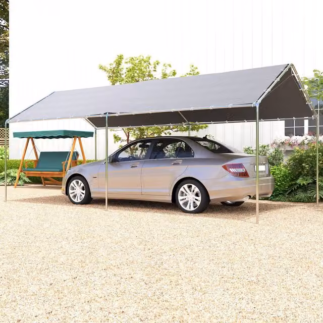 Outsunny Grey 2-Room Heavy Duty Carport Garage Shelter with Galvanised Steel Frame – 2
