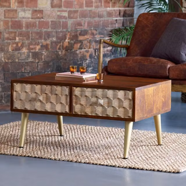 IH Design CNC Retro Mango Wood Coffee Table with 2 Drawers in Brown and Gold