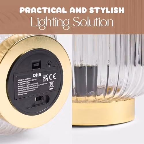 OHS Cordless LED Glass Table Lamp with Gold/Brass Finish and Warm White Light, Battery Operated Touch Control Night Light – 2