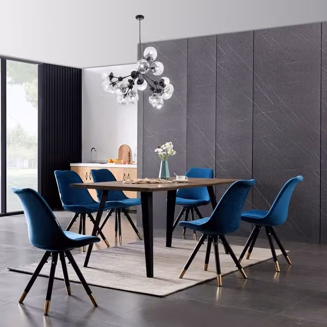 Life Interiors Sofia Rocco LUX Blue Scandinavian Dining Set with Rectangular Live Edge Wood Table and 6 Chairs