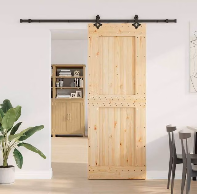 Berkfield Home Rustic Solid Wood Pine Sliding Door with Hardware Set in Beige, W: 85 cm, H: 210 cm – 1