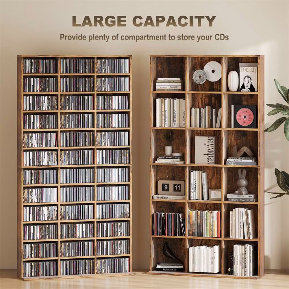 EONLION Rustic Brown Wood Storage Shelf with Adjustable Shelves and Media Compartments – 3