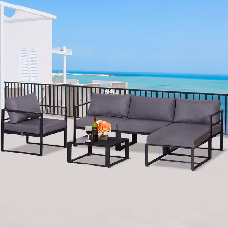 Outsunny 6 Piece L-Shape Sectional Sofa Set with Coffee Table and Ottoman, Grey Powder Coated Aluminium Frame