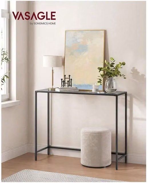 VASAGLE Modern Rectangular Console Table with Black and Gold Metal Frame and Tempered Glass Top, W/D/H: 80 x 30 x 20 cm