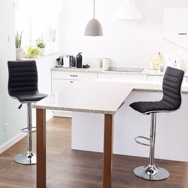Wyld and Coco Set of 2 Black Faux Leather Counter Height Swivel Bar Chairs with Chrome Metal Frames