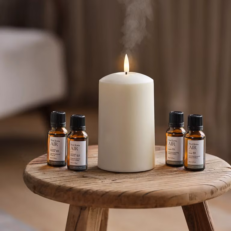 Lights4fun TruGlow AIR Portable Candle Diffuser and Autumn Winter Dawn Dusk Diffuser Oil Bundle in White